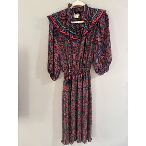 Diane Freis Maxi Dress Georgette Floral Smocked Waist Long Sleeve One Size‎ VTG